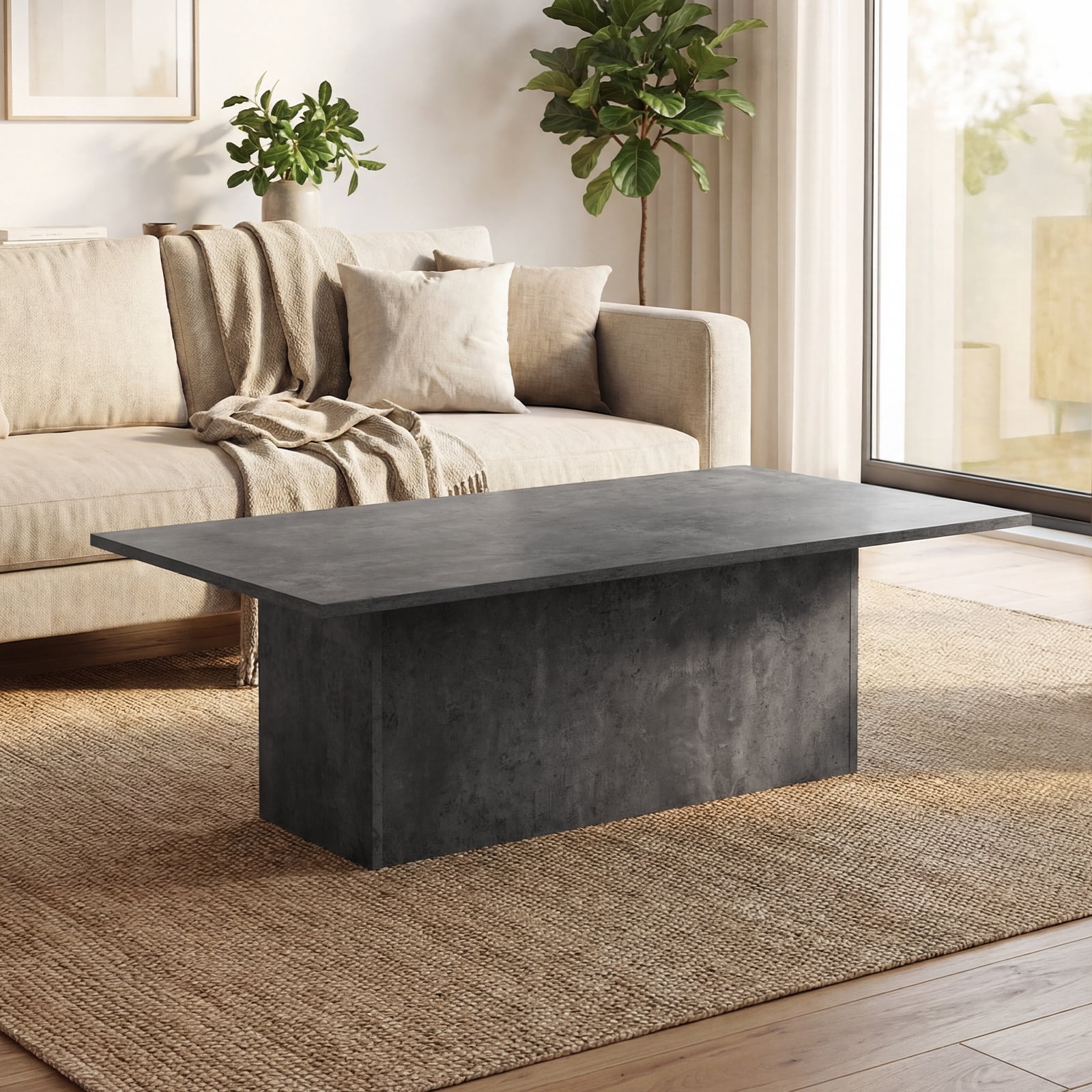 Guyou Modern Rectangular Coffee Table Faux Marble Center Table Large Wooden Tea Table for Living Room, Reception Room, Home Office