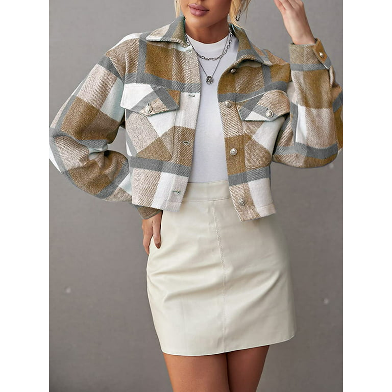 DanceeMangoos Cropped Shackets for Fall Fashion Women Plaid Shirt Jacket  Flannel Button Down Coat Patch Pocket