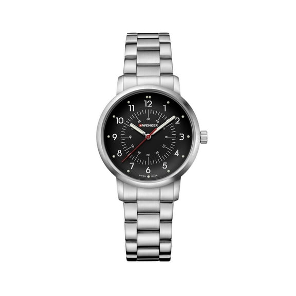 Wenger Avenue Water Resistant Watch with Small Black Dial and Stainless Steel Bracelet