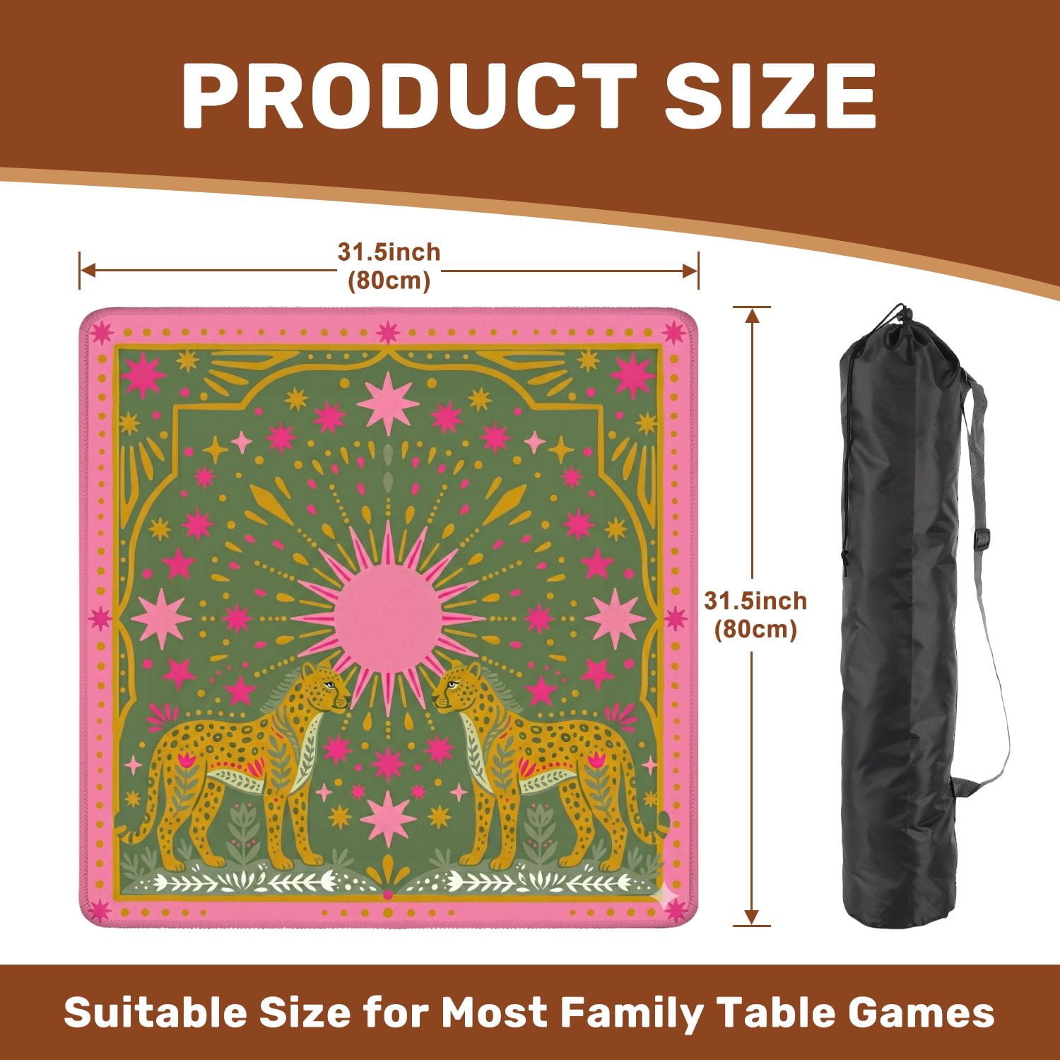 Mahjong Mat 31.5" x 31.5" Stylized Leopard Pink Sun Floral Patterns Non-Slip Noise Reduction American Mahjong Tiles Table Cover for Dominoes Poker Card Board Games Gift