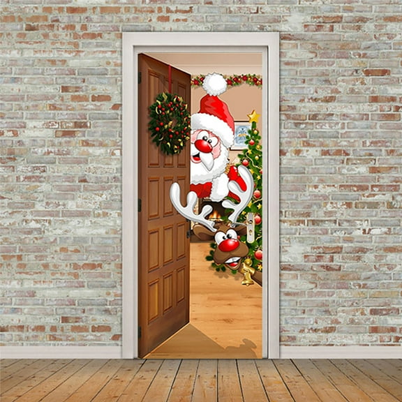Christmas Door Sticker - Merry Christmas Decorations With Cute Santa Claus and Reindeer - Winter Xmas Backdrop for Party Outdoor Indoor Home