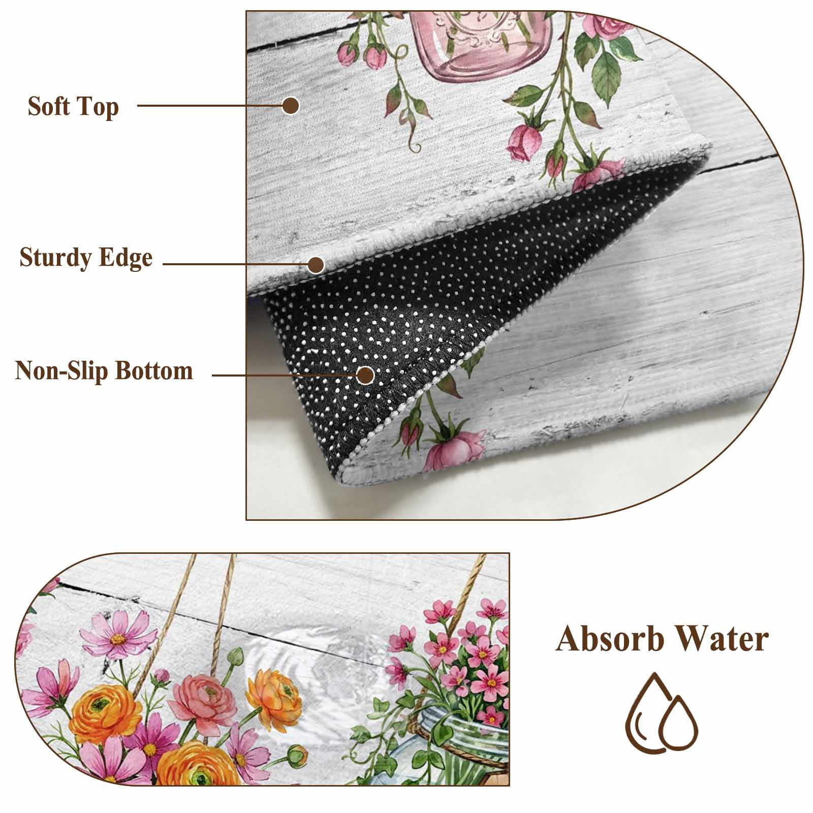 Pink Spring Floral Area Rugs 2.7'x5', Washable Small Throw Rugs for Kitchen Bedroom, Wooden Elegant Farmhouse Botanical Indoor Outdoor Rug Non-Slip Low Pile Carpet Runner Reversible Floor Mats