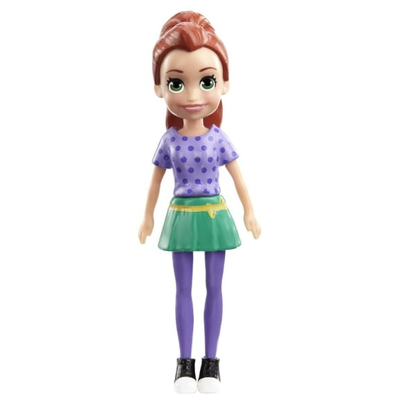 Polly Pocket Collectible Doll ~ Lila Wearing Green Skirt, Purple Polka Dot Shirt and Black Boots ~ 3 1/2" Tall ~ HKV78