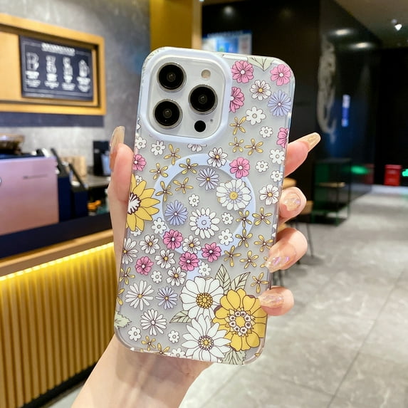 SaniMore Case for iPhone 14 Pro Max 6.7" 2022, Soft Shockproof Silicone Flower Series Magnetic Shell Lens All-inclusive Wireless Charging Slim Lightweight Anti-yellow Ultra-clear Cover, Pattern-H