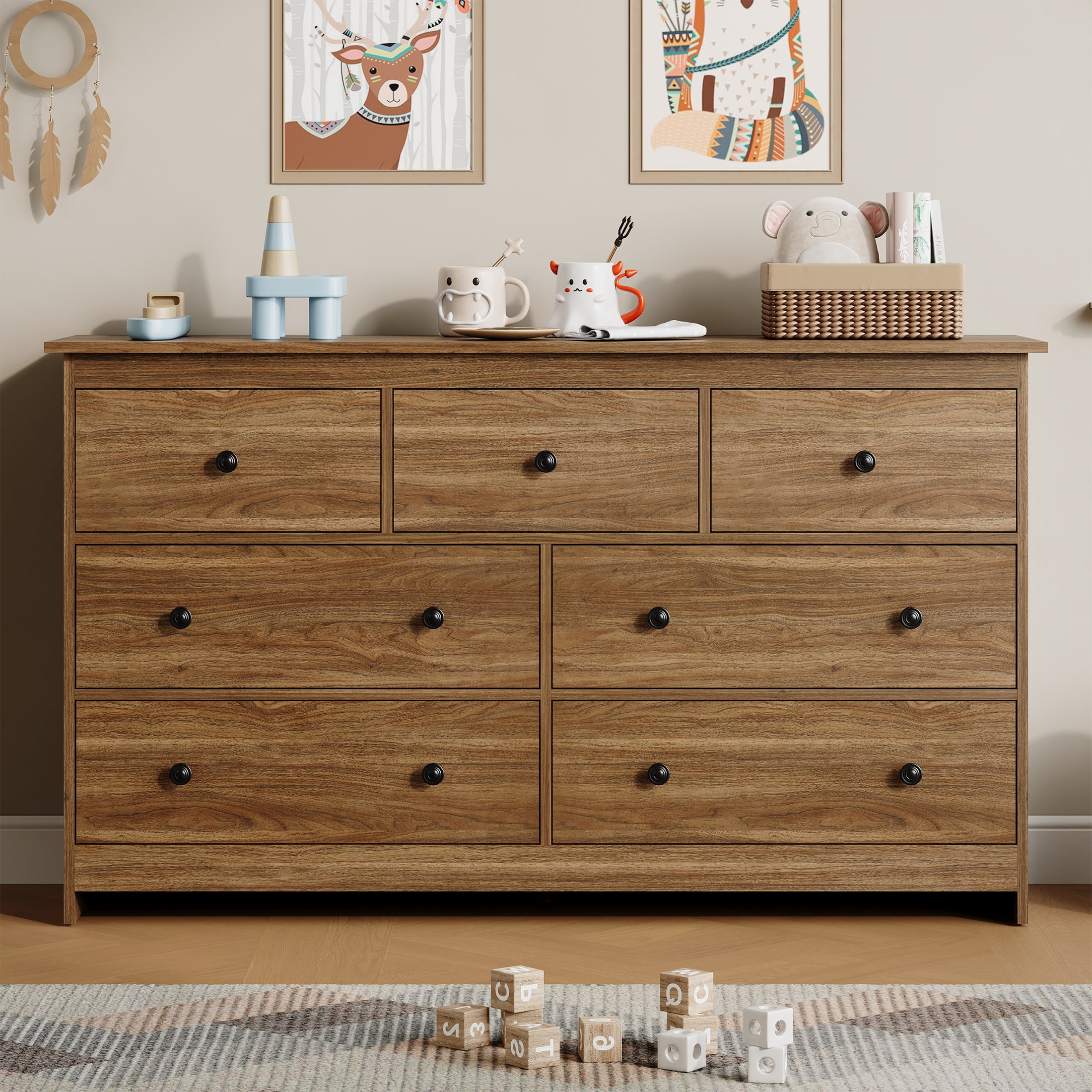 YouTrend 7 Drawer Dresser, Modern Brown Chests of Drawers Wood Adult Storage Cabinet for Bedroom Living Room Hallway