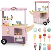 OLAKIDS Wooden Grocery Store Marketplace Toy, Market Stand Shop Pretend Play Set with Universal Wheel Food Scale Cash Register Beverage Rack 30 Accessories Gift for Ages 3+