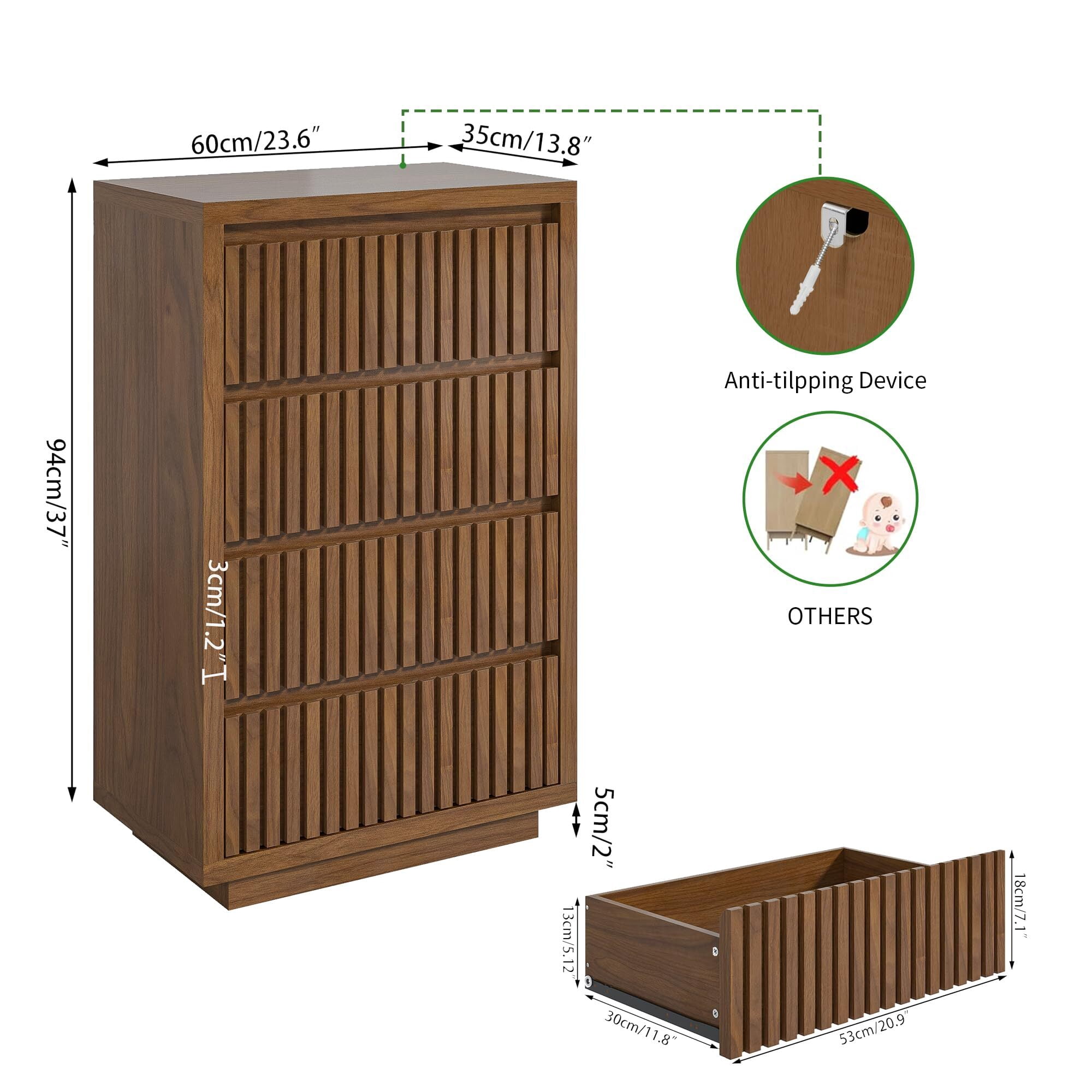 Fluted 4 Drawer Dresser, Mid Century Wood Chest for Bedroom, Modern Closet Clothes Storage Organizer, Walnut Brown Wooden Cabinet