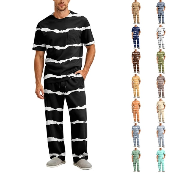 CCRFTGI Mens Pajamas Set Summer Sleepwear Short Sleeve Pjs Set Soft Striped 2 Piece Lounge Set Loungewear with Pockets Beige L