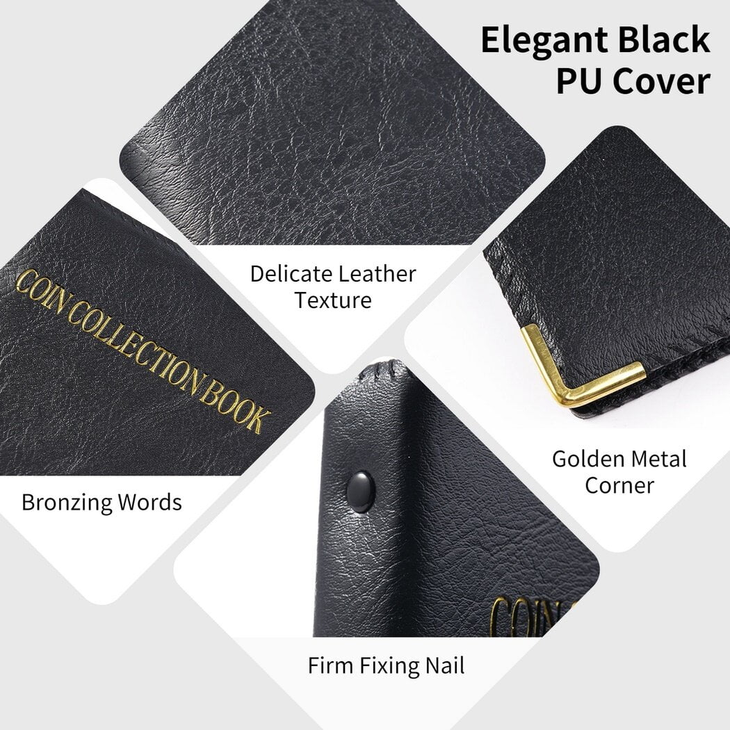 Coofit Coin Collection Book Black Leather 480 Pockets Organizer