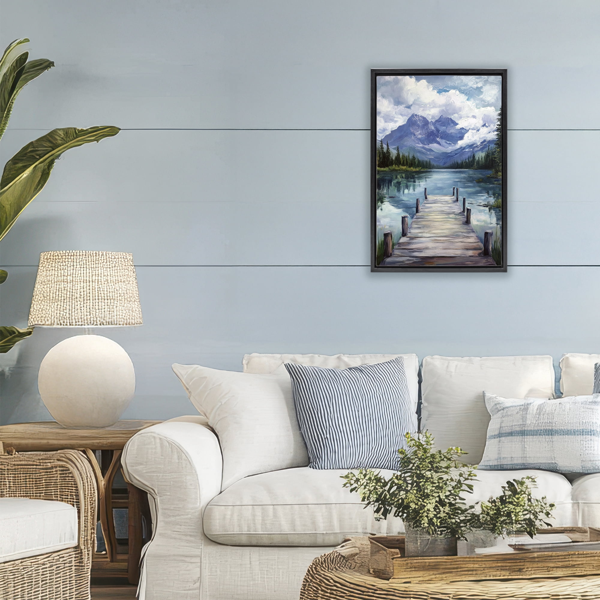 Stupell Industries Weathered Dock on Mountain Lake Black Framed Floater Canvas Wall Art, design by Petal Prints Design