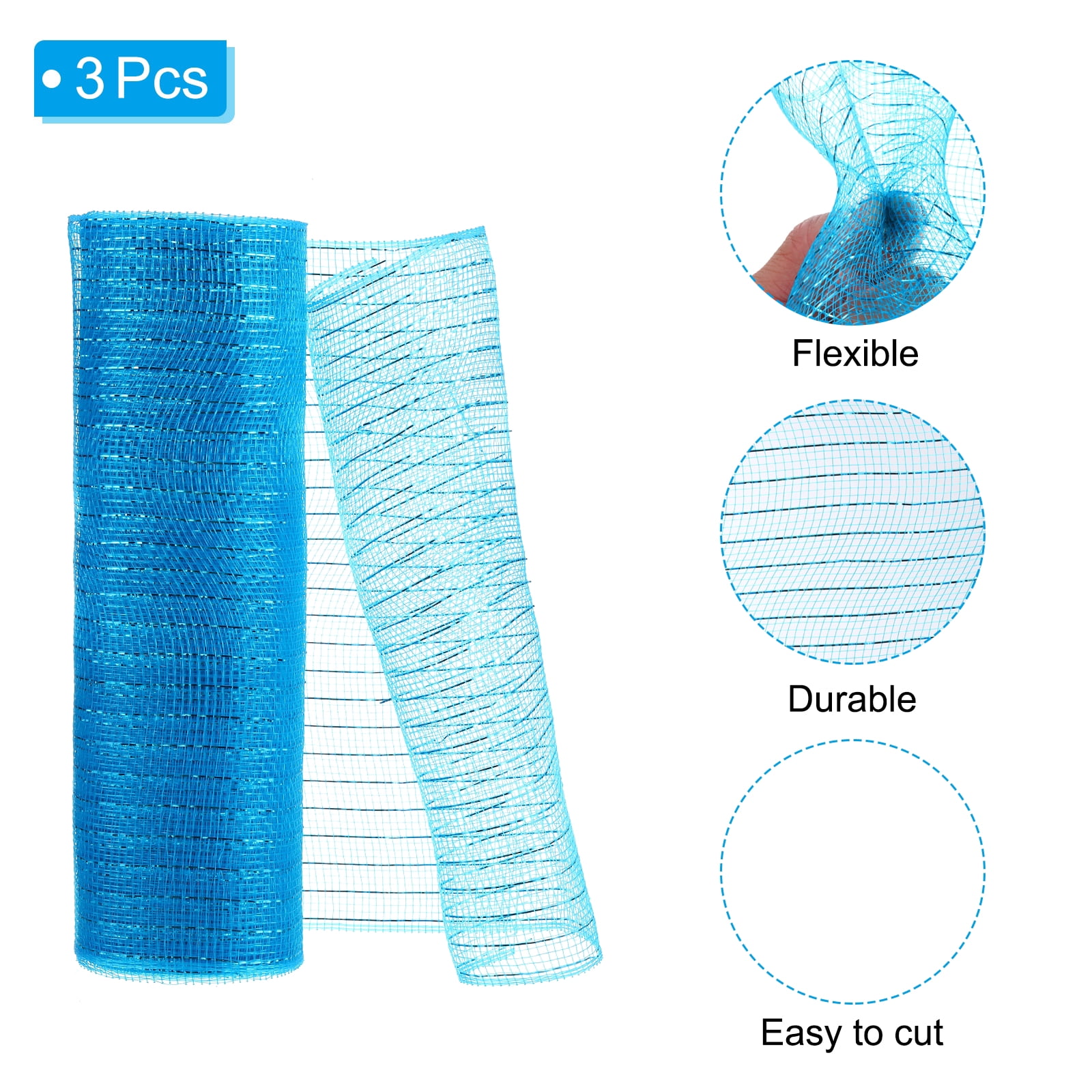 3pcs Decorative Mesh, 10 Inch x 10 Yard Decorative Mesh Ribbon Roll Foil Metallic for Christmas Tree,Blue