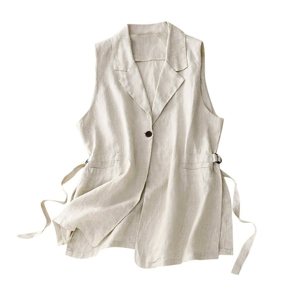 Lovskoo Women's Casual Cotton Linen Blazer Vest Vintage Sleeveless Open Front Cardigan V-Neck Blazer Waistcoat Tops Beige