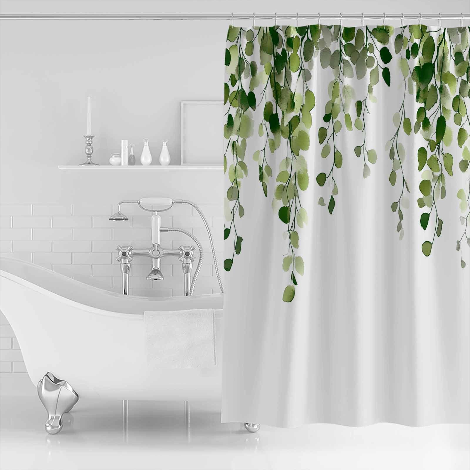 Extra Long Shower Curtain 72x96 Inch, Green Eucalyptus Leaves Shower Curtain Waterproof Bathroom Decor Summer Watercolor Leaf Fabric Bath Curtain Set Accessories with Hooks