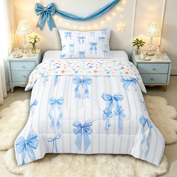 Manfei Blue Ribbon Bow Twin Comforter Sets 3-Piece for Kids Girls,Teens Female Geometric Stripes Bedding Set,Super Cozy Room Decor