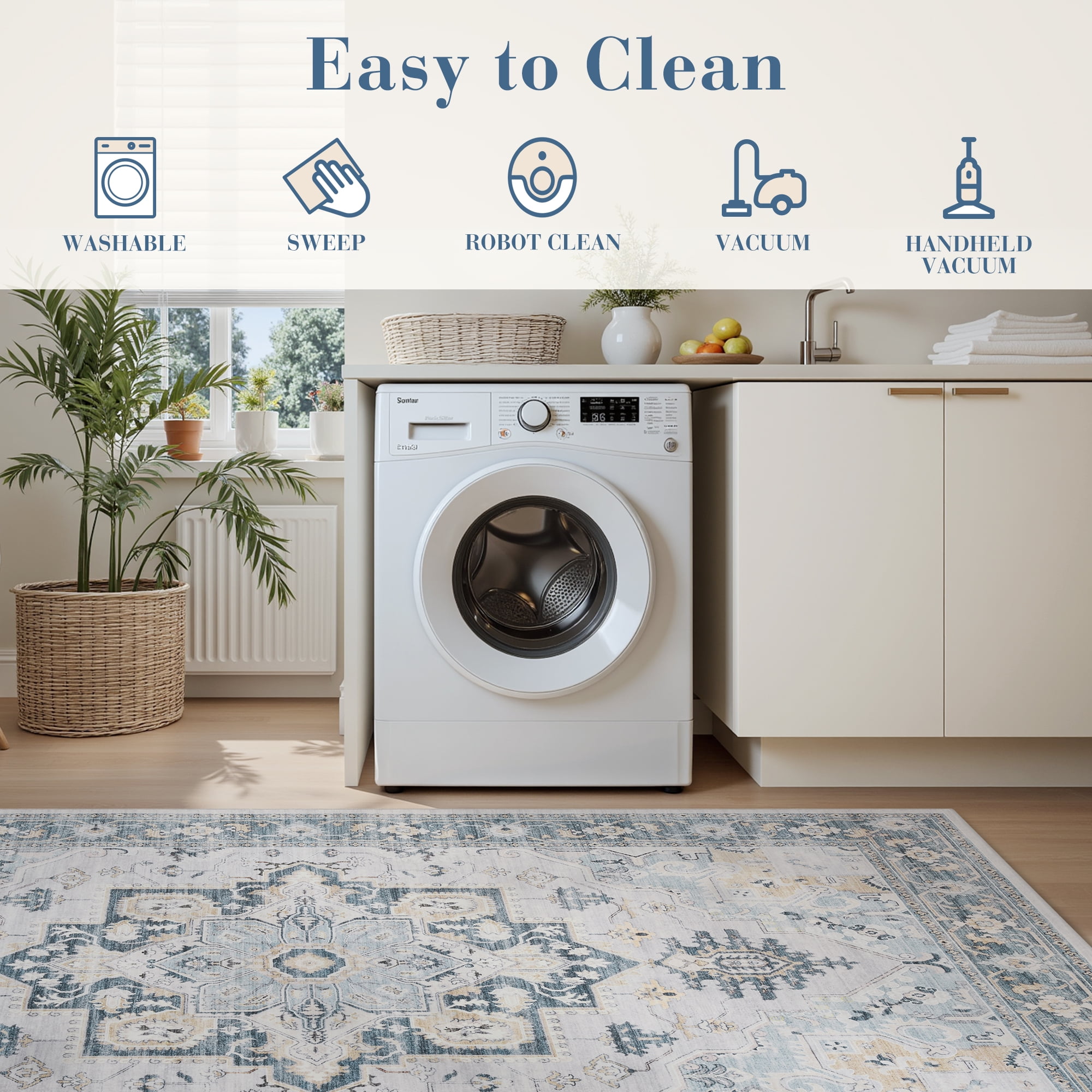 SIXHOME 9'x12' Area Rugs for Living Room Washable Traditional Distressed Carpet Non Slip Soft Retro Floral Indoor Throw Rug for Bedroom Dinning Room Vintage Blue