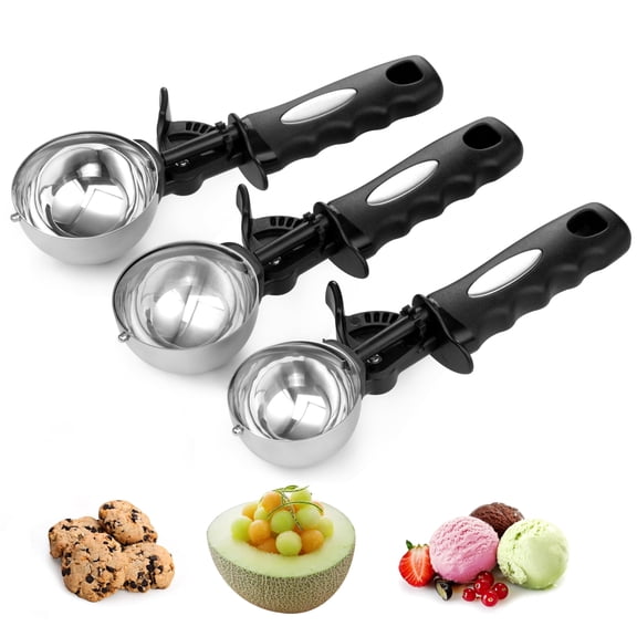 TJ POP Ice Cream Scoop Set, Cookie Scoop set of 3, 3.25 Tbsp/ 4.9 Tbsp / 6 Tbsp Ice Cream Spoon with Trigger, Cookie Dough Scoop, Portion Scoop 1.63 oz, 2.45 oz, 3oz
