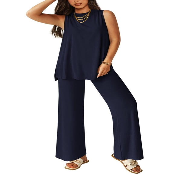 LYMAYTER S-2XL Women Casual Sets Solid Color Loose Suits Comfy Tank Breathable 2-Piece Vacation Outfits