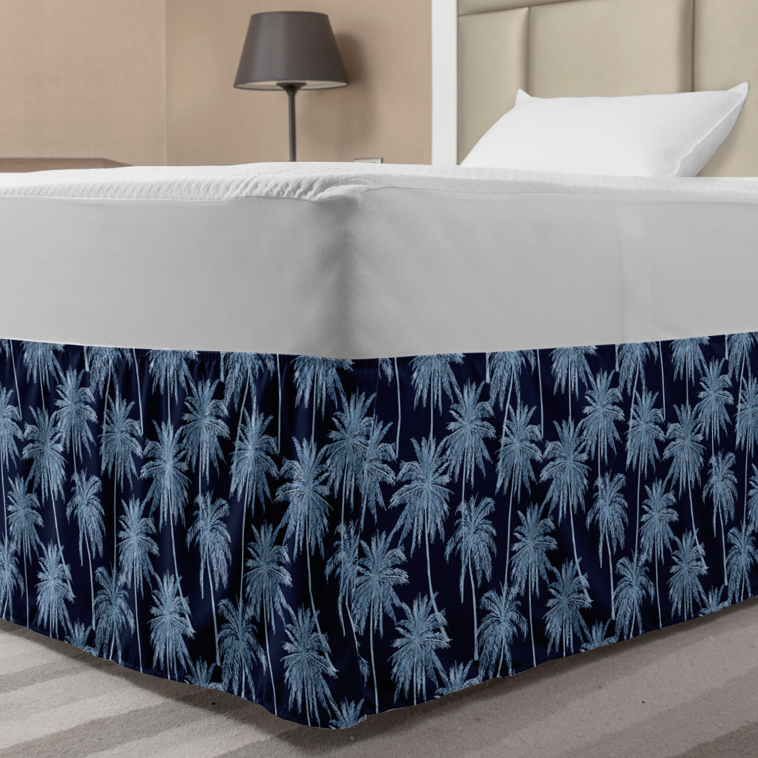 Navy Blue Bed Skirt, Tropic Exotic Jungle Themed Monochromatic Numerous