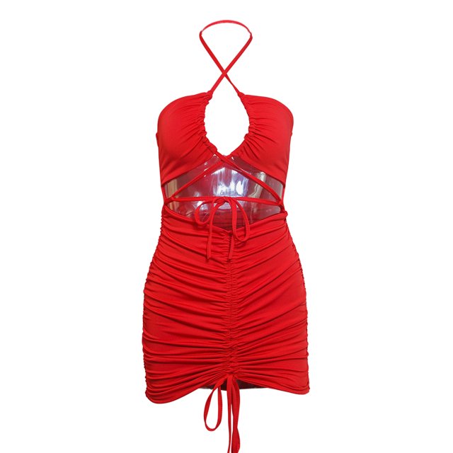 VISgogo Vestido ajustado para mujer, vestido de cadera calado con lazo fruncido y cuello halter cruzado liso, trajes de fiesta cortos ajustados para mujer VISgogo moda