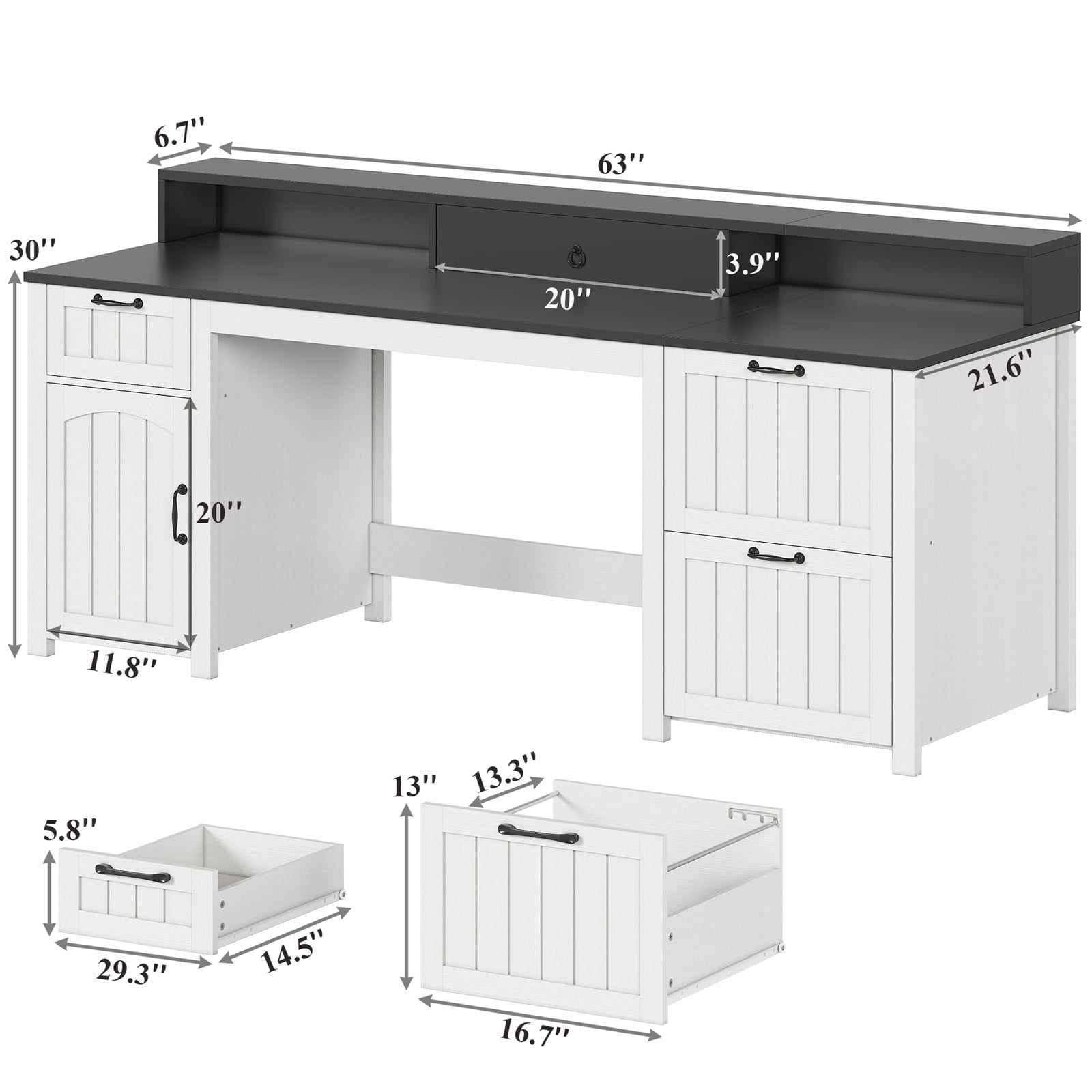 Executive Desk, 63" Farmhouse Desk with Storage, Home Office Desk with Drawers and Cabinet, Wood Desk with Monitor Stand, Rustic Writing Desk Study Table Elegant Computer Desk with File Drawer, White
