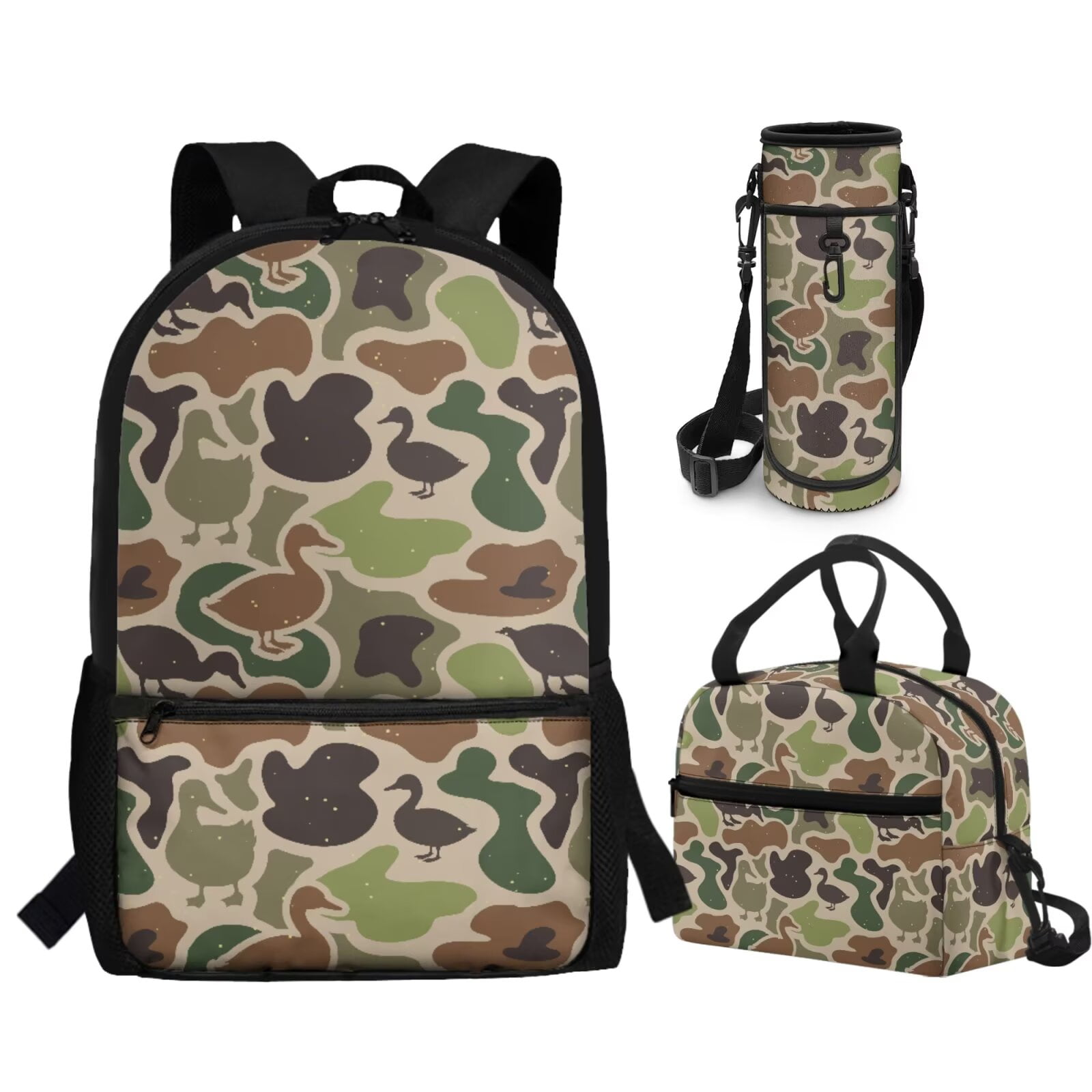 Yuyamidu Duck Camo Kids Backpack with Lunch Box Set of 3 Kids School Book Bags for Girls Boys Children's Thermal Lunch Bag High School Bookbag Grade 9-12 Teen Cooler Bags, Water Bottle Crossbody Bag