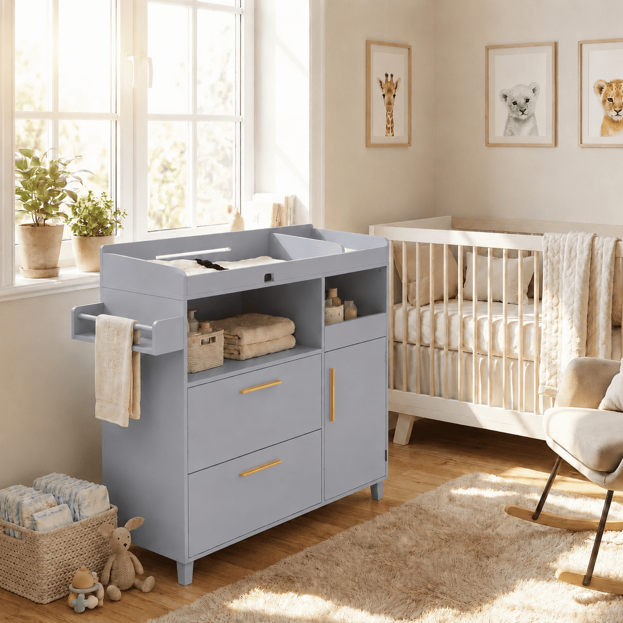 Zimtown 2-1 Baby Changing Table with Drawers & Shelf, Nursery Dresser with Storage, Infant Diaper Changing Station for Children's Room, Gray