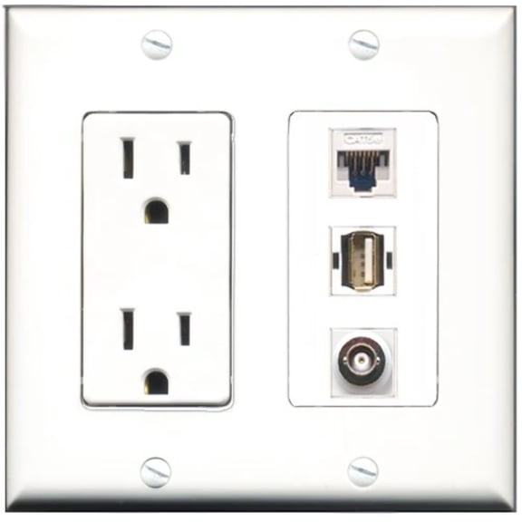 RiteAV - 15 Amp Power Outlet 1 Port USB A-A 1 Port BNC 1 Port Cat5e Ethernet White Decorative Wall Plate