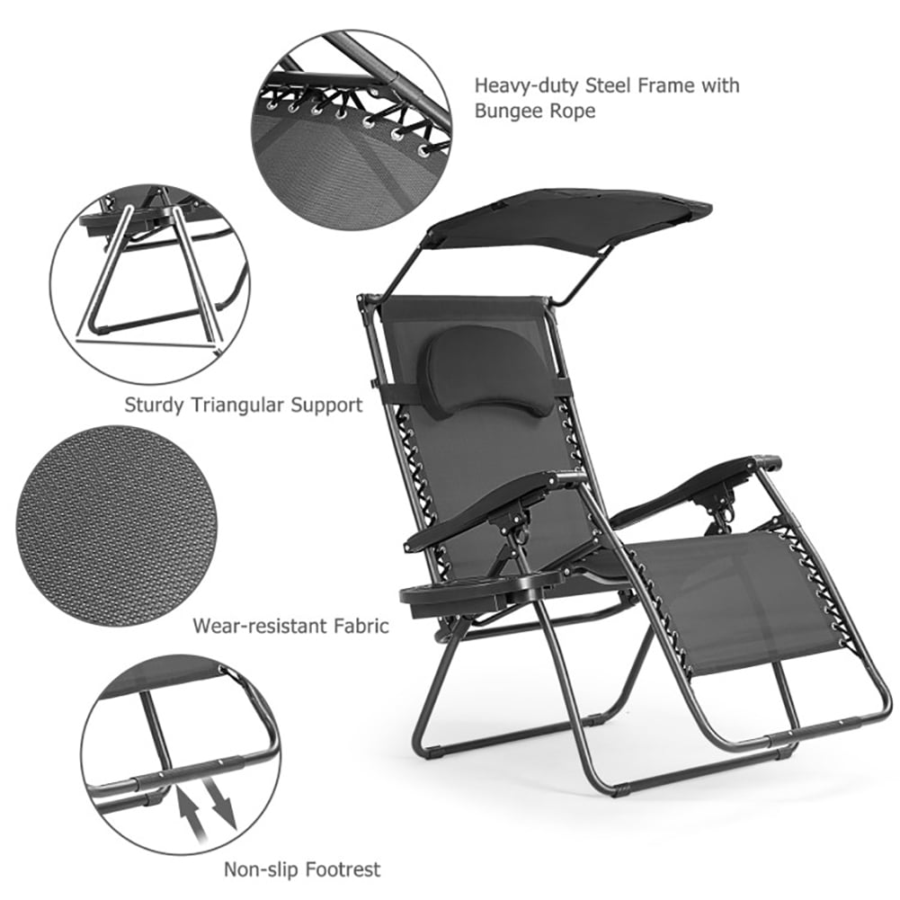 Aimee Lii Folding Recliner Lounge Chair with Shade Canopy Cup Holder, Outdoor Patio Furniture, Black