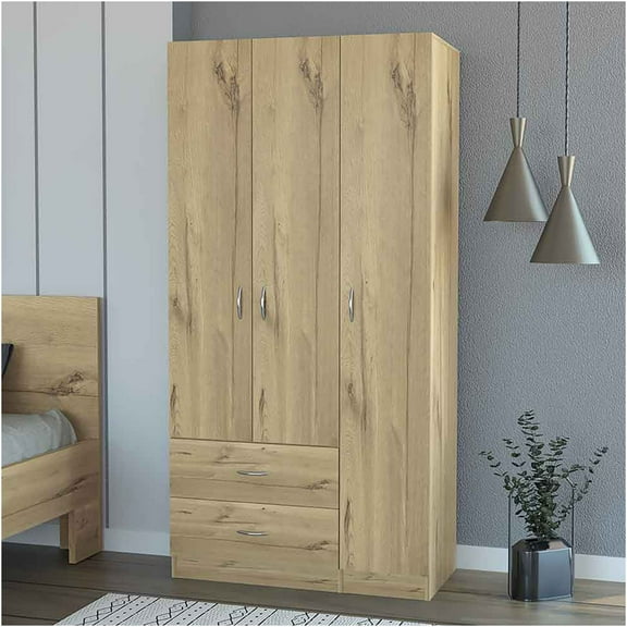 JERFIT Modern Light Oak Armoire with 3 Doors, 2 Drawers & Hanging Rod, Freestanding Storage Cabinet for Bedroom