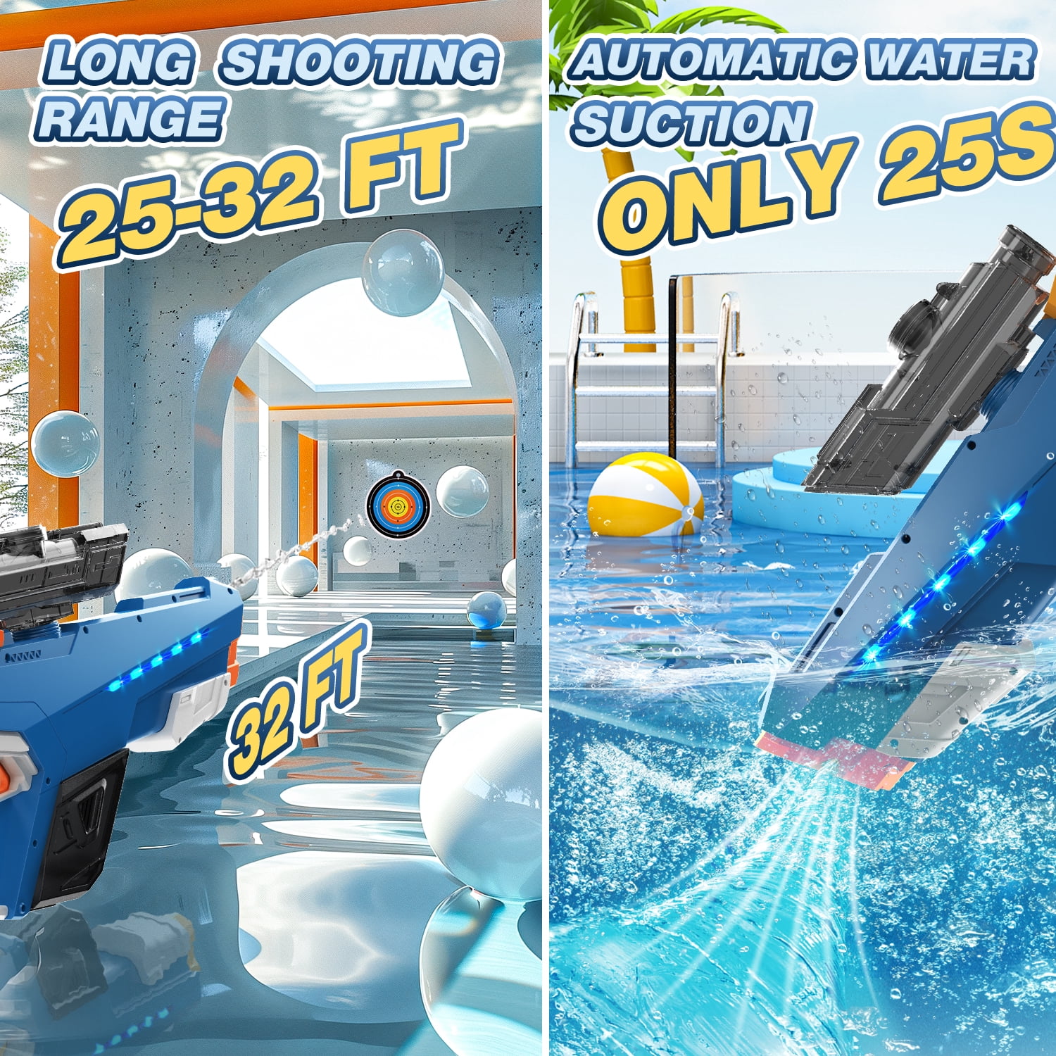 JoyStone Electric Water Blaster with Light, Automatic Manual Suction 2-in-1 Water Blaster for Adult Kids, Squirt Blaster 39 Ft Range, Pool Beach Outdoor Party Toys, Blue