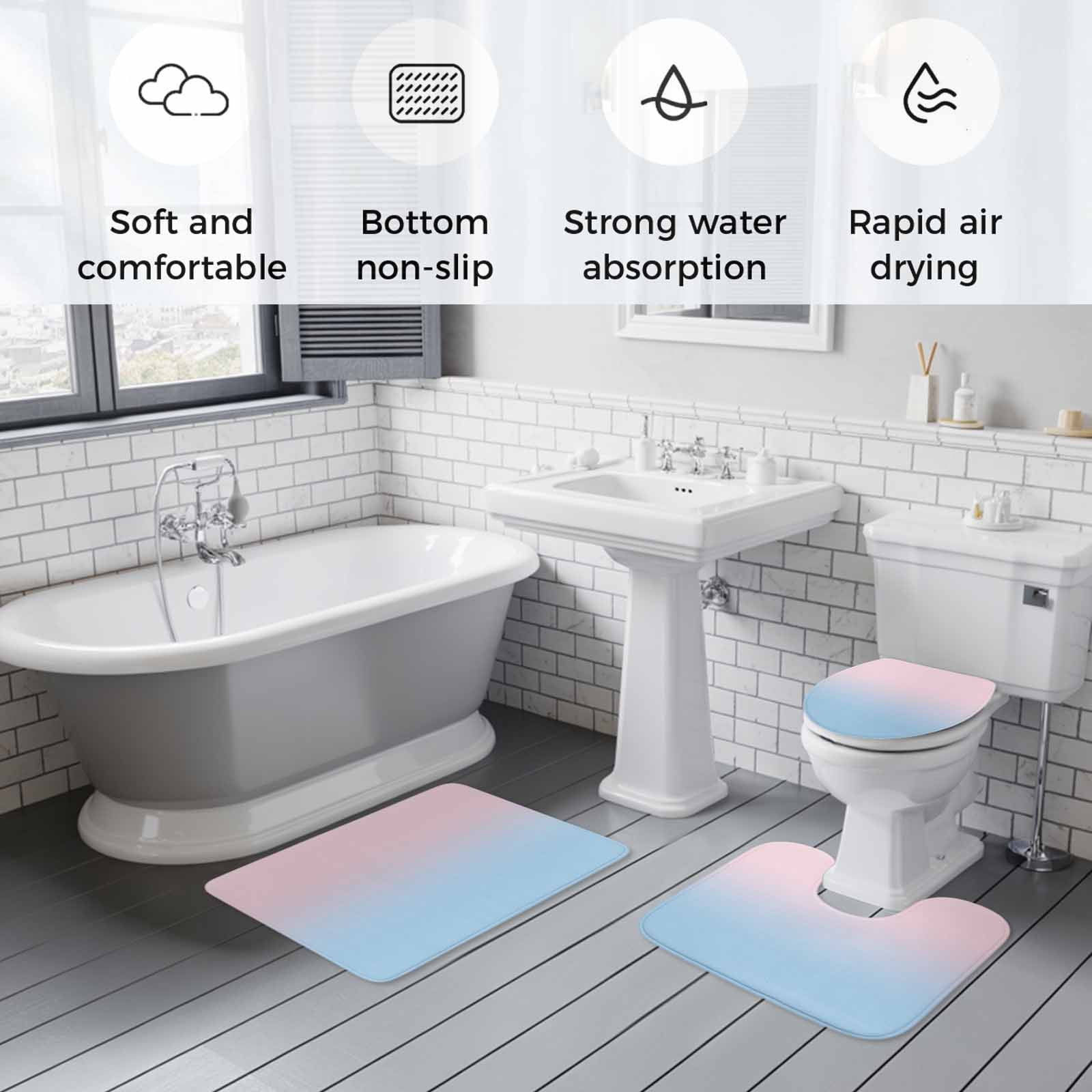 Pink Blue Ombre Bath Mat 3 Piece Bathroom Rug Set, Pink Gradient Color Modern Abstract Art Non Slip Bath Rug Contour Mat and Toilet Lid Cover, Absorbent Shower Mats Soft Bath Rugs and Mats Sets