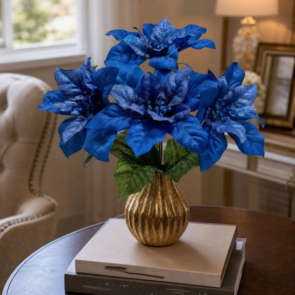 Arghm Blue Poinsettia Silk Flower Bouquet - Realistic Holiday Centerpiece for Home Decor, Table, and Mantel - Elegant Gift for Hostess and Housewarming