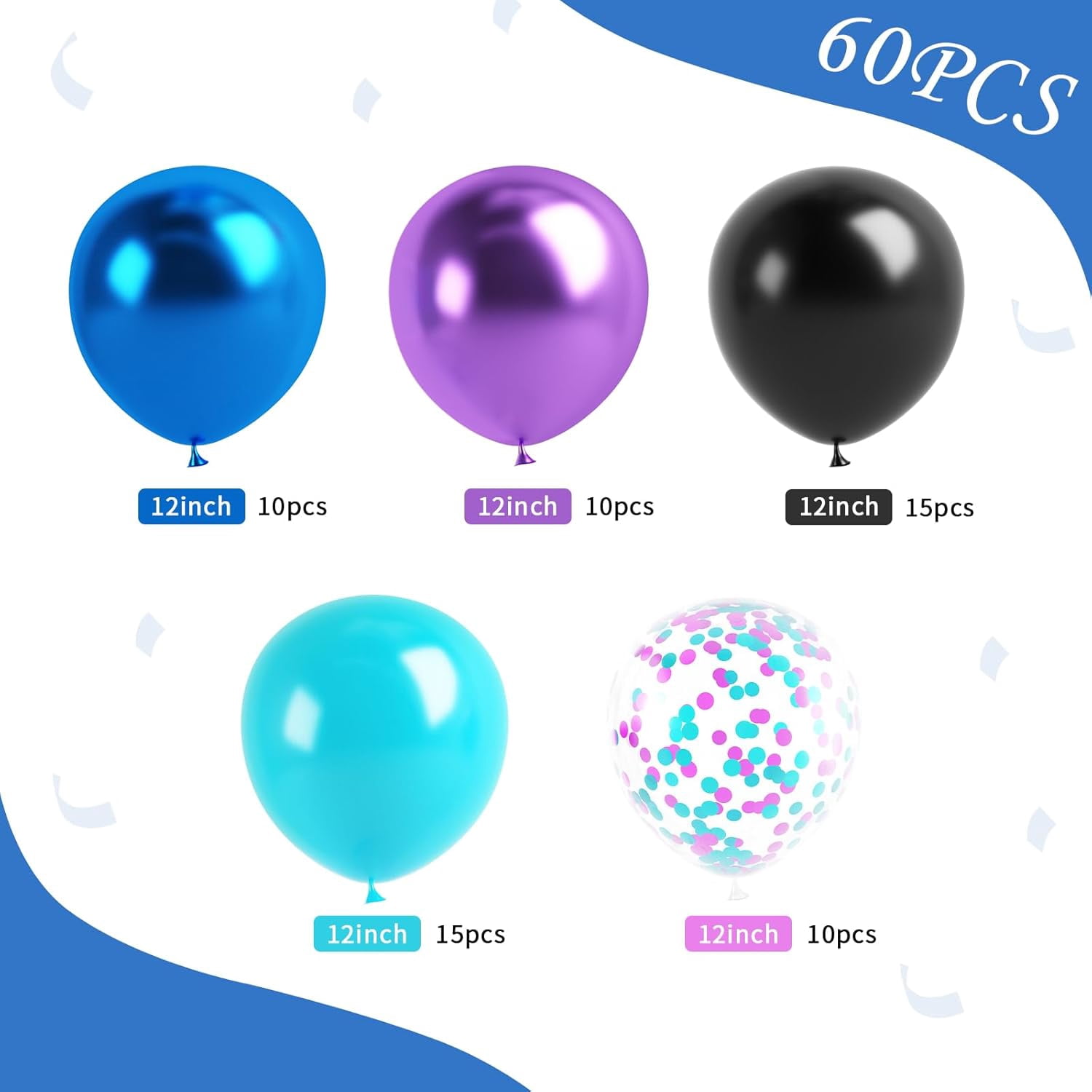 Black Purple Blue Balloon, 60 Pcs 12 Inches Metallic Blue Purple Teal Balloons Confetti Balloons for Kids Video Game Party Decoration Baby Shower Engagement Graduation Party Decorations
