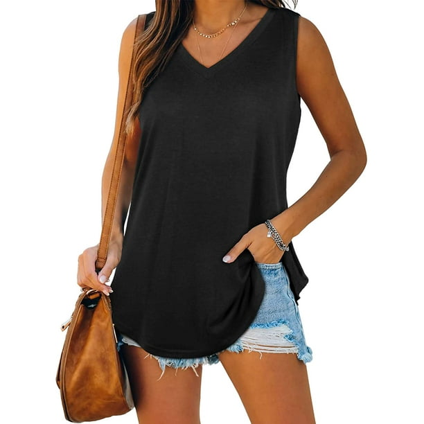 Camisetas sin mangas para mujer, cuello en V, color sólido básico, casual, fluido, verano, sin mangas Ormromra WRHS-244-2