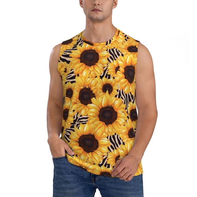 Bingfone Artistic Zebra Print Sunflower Pattern Men's Tank Tops Workout Sleeveless Tee Shirts Running Beach Tanks for Men-X-Large