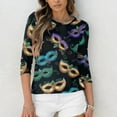 thumbnail image 4 of Mardi Gras Shirts Womens Glitter Crew Neck Holiday Blouse 3/4 Sleeve Mask Print Party Graphic Tee Dark Blue 3XL, 4 of 7