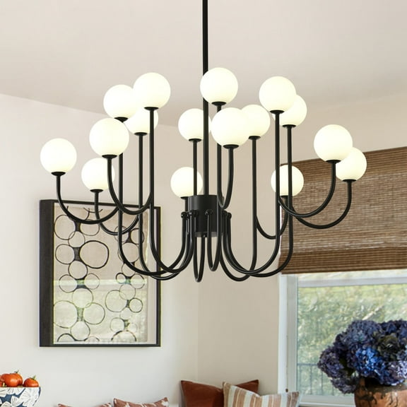 Modern Sputnik Chandeliers, 12 Lights Black Chandelier Pendant Lighting, Mid Century Ceiling Pendant Light Fixtures with Milk Glass Globe Shades