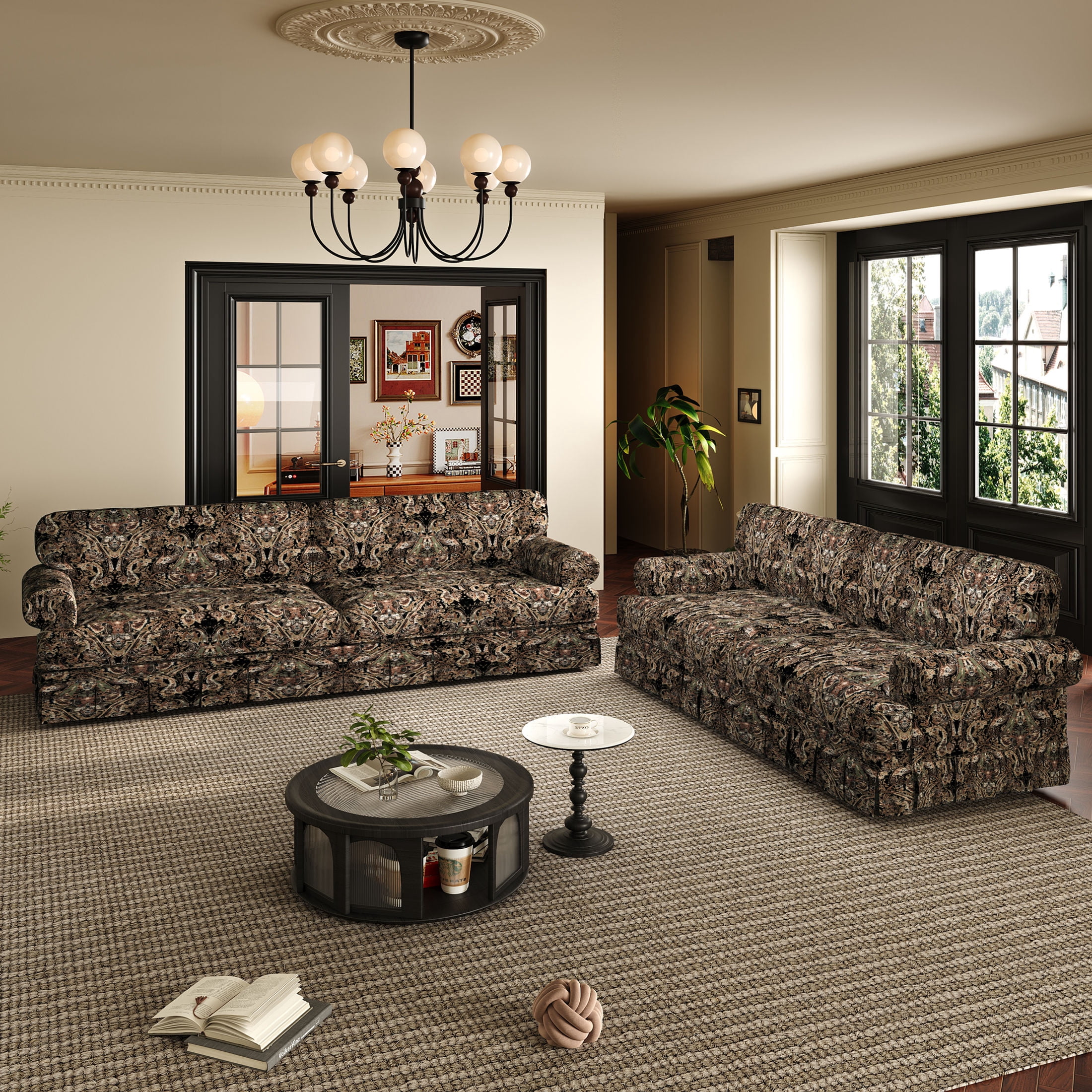 Noble House 93.7" Luxurious Floral 4-Seater Cloud Couch, Mid-Century Oxford Fabric Sofa with Pleated Skirt, Black