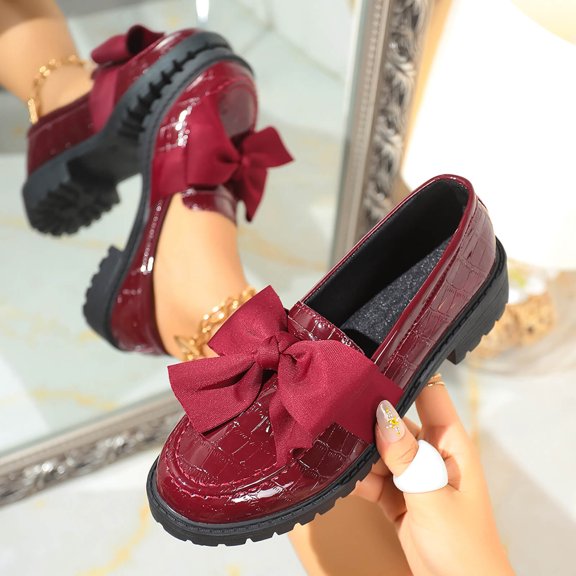 WHLBF Womens Shoes Thick Heel Thick Bottom Bow Casual Solid Color Wearing British Style Small Leather Shoes Size 6.5