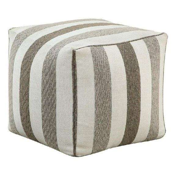 Modern Pouf Ottoman- White and Taupe Striped Jacquard- 16 Inch Square
