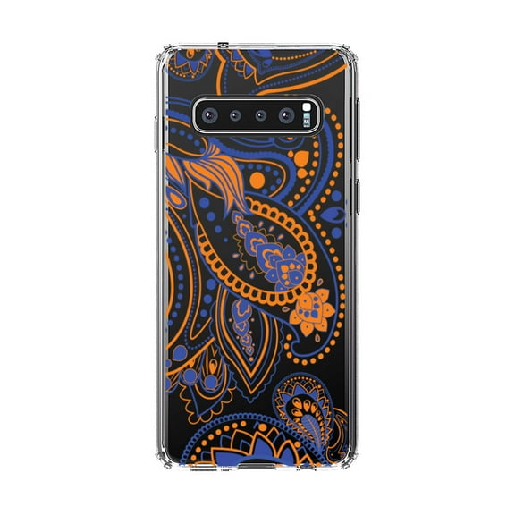 DistinctInk Clear Shockproof Hybrid Case for Samsung Galaxy S10 (6.1" Screen) - TPU Bumper, Acrylic Back, Tempered Glass Screen Protector - Orange and Blue Paisley