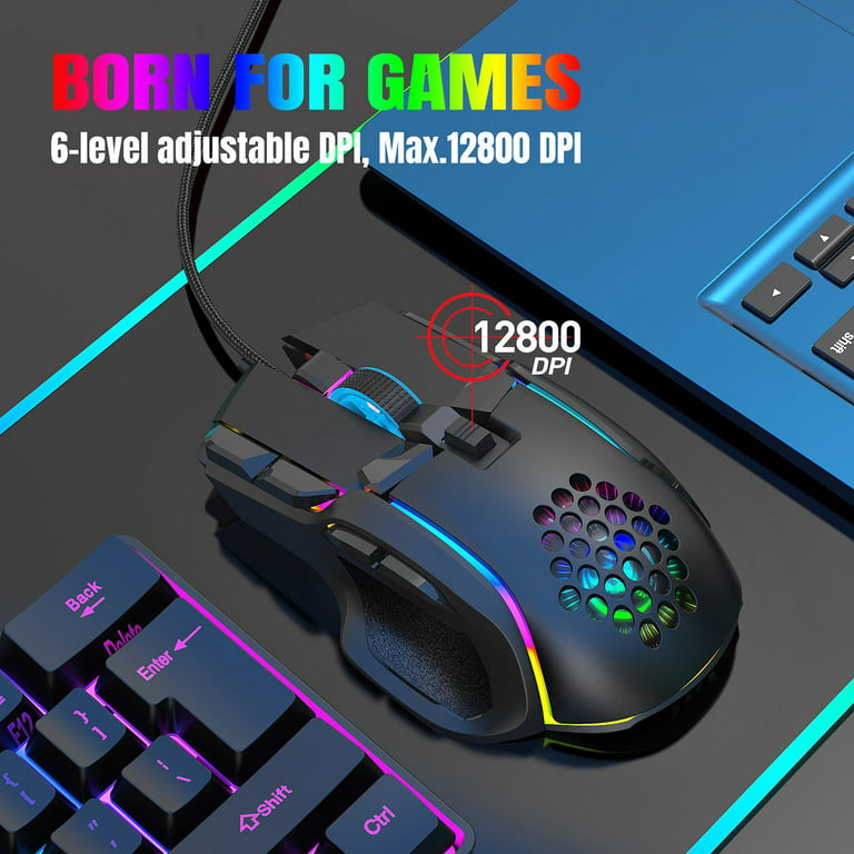 Wired Gaming Mouse RGB Ergonomic Mute Keys 12800DPI 1000Hz 400ips Mice For  Laptop PC LOL FPS Gamer