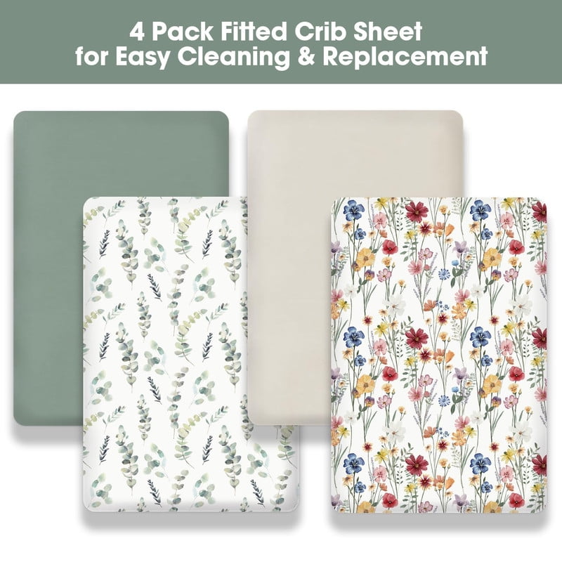 Bimocosy Crib Sheets Fitted 4 Pack for Baby Boys & Girls, Soft Microfiber Toddler Bed Sheets for Standard Crib & Toddler Mattresses 52'’ x 28'' (Floral)