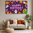thumbnail image 5 of Purple Background Happy Birthday Banner with Halloween Elements Ghosts Pumpkins Skeletons Candies for Birthday Party Decorations Photography Props Halloween Party Supplies, 5 of 8