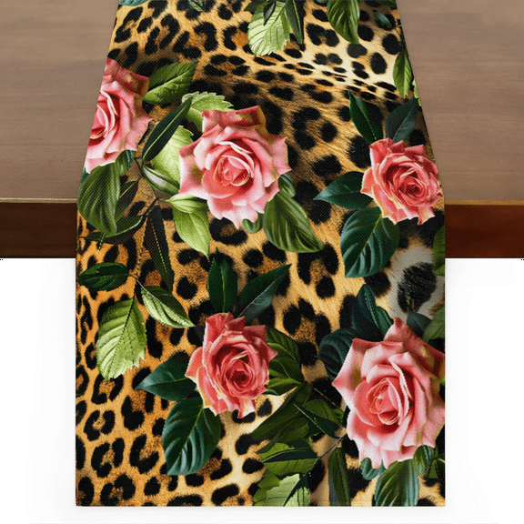 Qzaxky Table Runner Boho Table Runner Leopard Flower Rose Bohemian Boho Outdoor Table Runner Decoration for Indoor Outdoor Home Dinner Party Wedding Decor 13 x 36 Inch