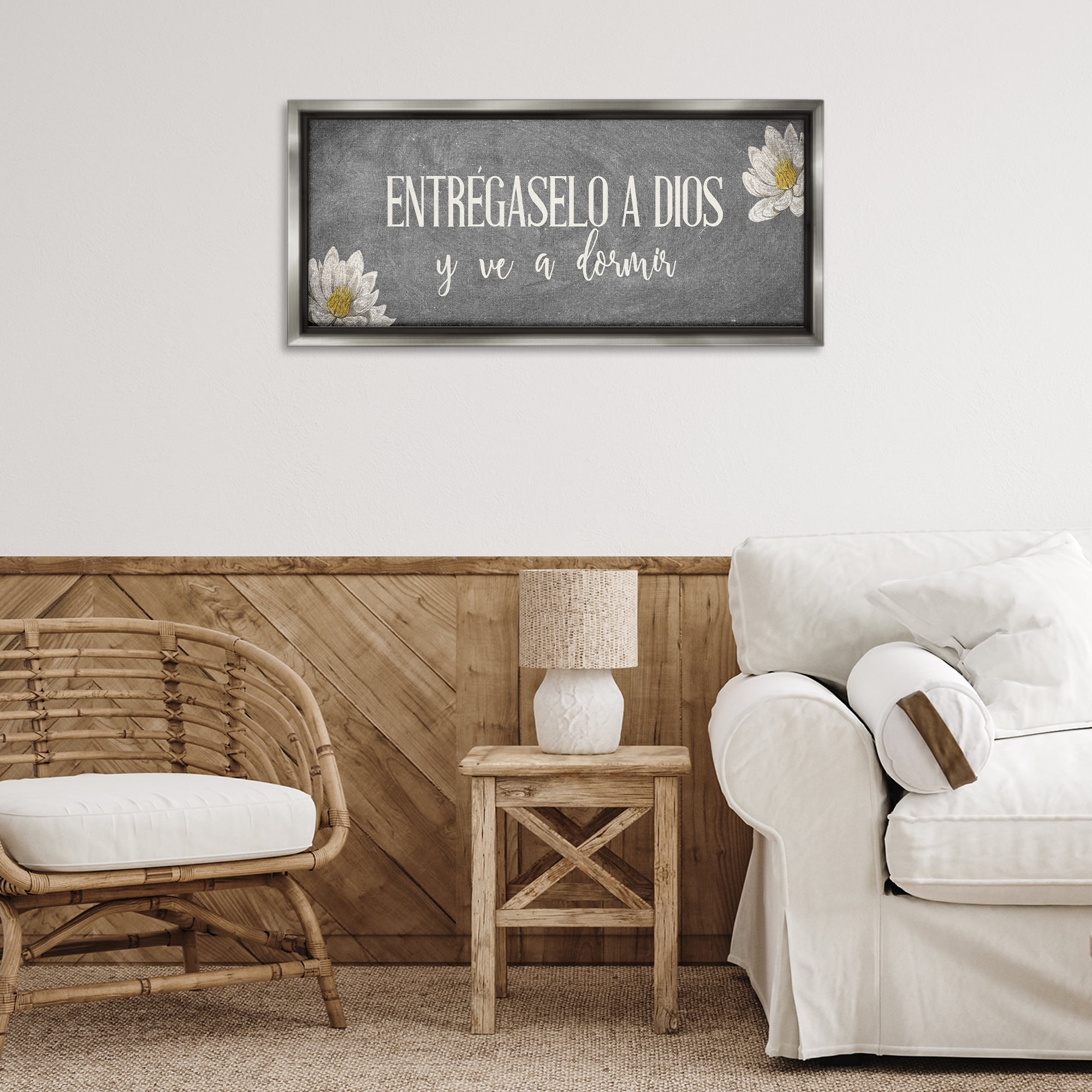 Stupell Industries Entrégaselo a Dios y Descansa Religious Quotes and Sayings Painting Gray Floater Framed Art Print Wall Art, 31 x 14