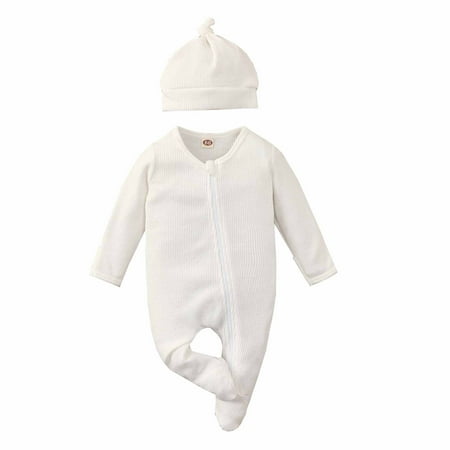 

YFPWM Baby Girls Clothes Girls Fall Winter Outfits Autumn Winter Girls Crew Neck Long Sleeve Casual Waffle Solid Romper Zipper Cardigan Romper + Hat White 3-6 Months