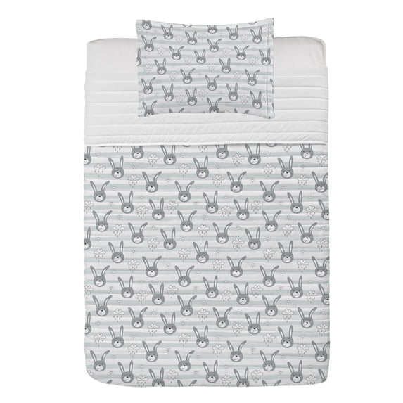 Cartoon Microfiber Bedspread Set, Bunnies with Lopsided Ears and Happy Clouds Pouring down Raindrops, Soft Bedding Set with Pillow Shams & Comforter, 3 Sizes, Grey Pale Grey and White, by Ambesonne