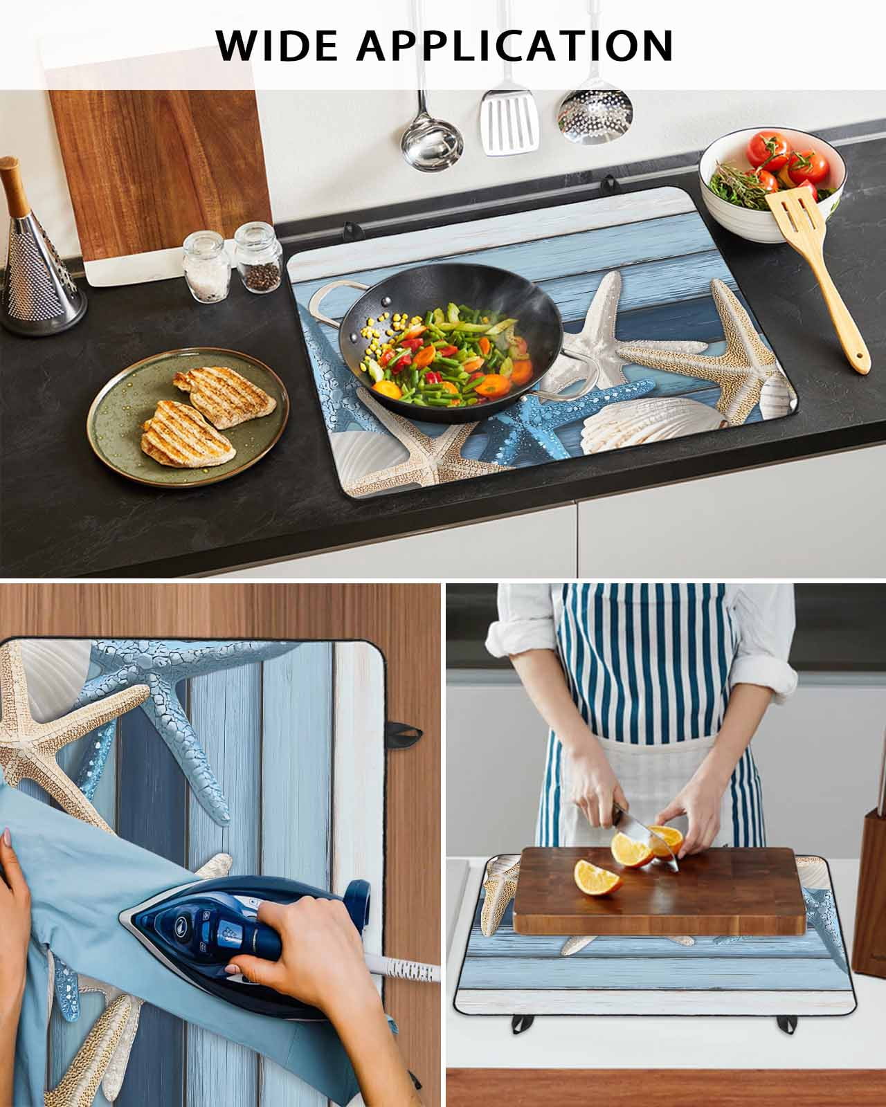 nqOlkjepod Large Induction Cooktop Protector Mat 24"x21", Coastal Starfish Stove Top Covers for Electric Stove, Blue Wooden Grain Seashells Country Stove Burner Cover Mats, Glass Top Stove Cover