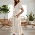 thumbnail image 4 of cocolona Womens Summer Linen Long Dress V Neck Short Sleeve Pleated Flowy Sun Dress Fashion Casual Loose Beach Dress with Pockets, 4 of 6